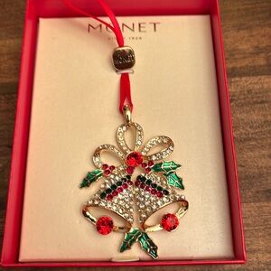 Monet Gold Tone Bejeweled Bells Mistletoe Christmas Ornament, 2023 NEW in BOX